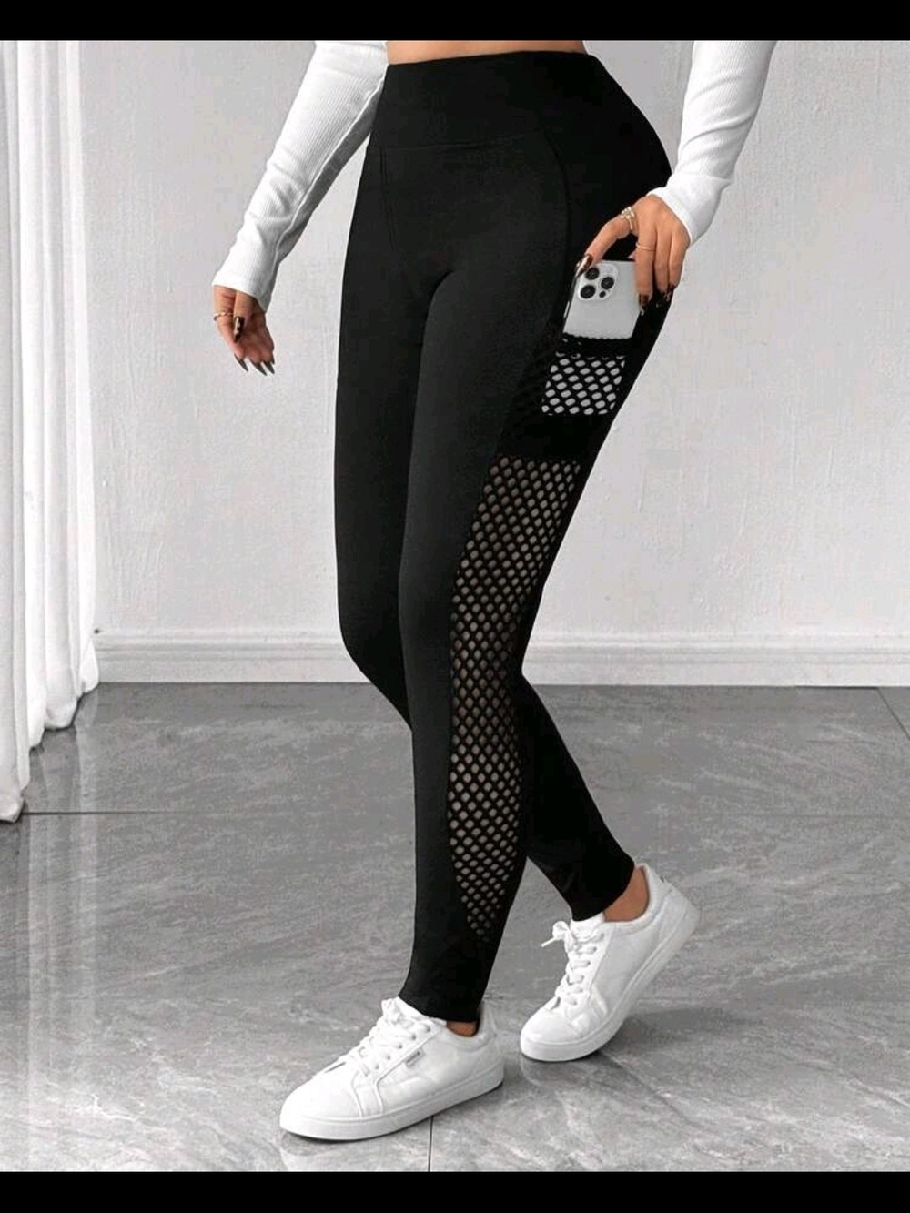 High-Rise Black Leggings with Mesh Side Panel and Pocket